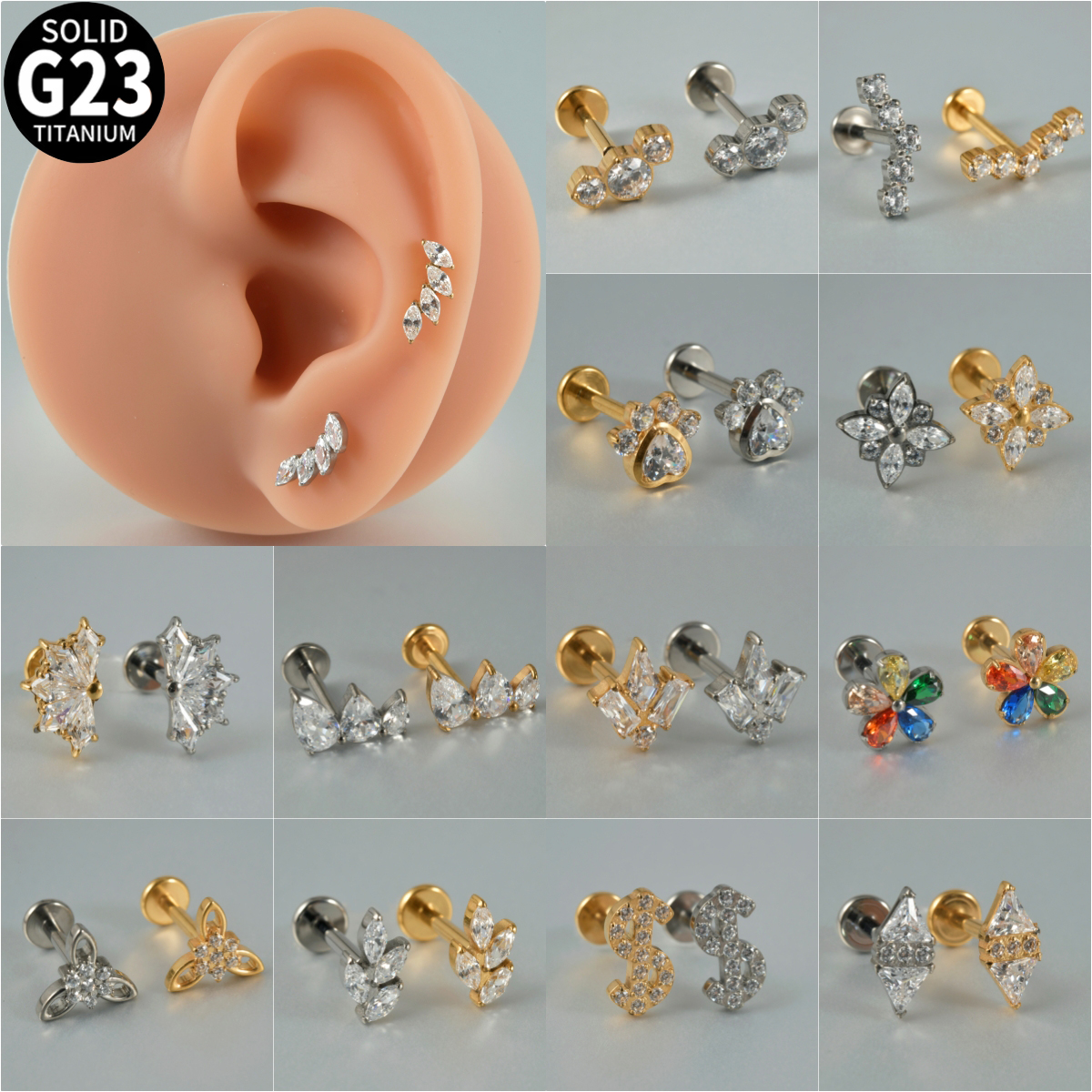 Cluster Stud Ear - 1PC Zircon G23 Solid Titanium Cartilage