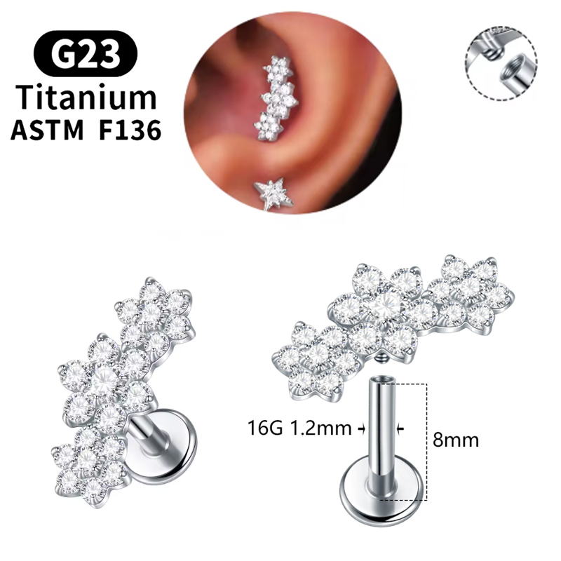 1PC G23 Titanium Three Flower  - огляд і ціна Cluster Stud Ear
